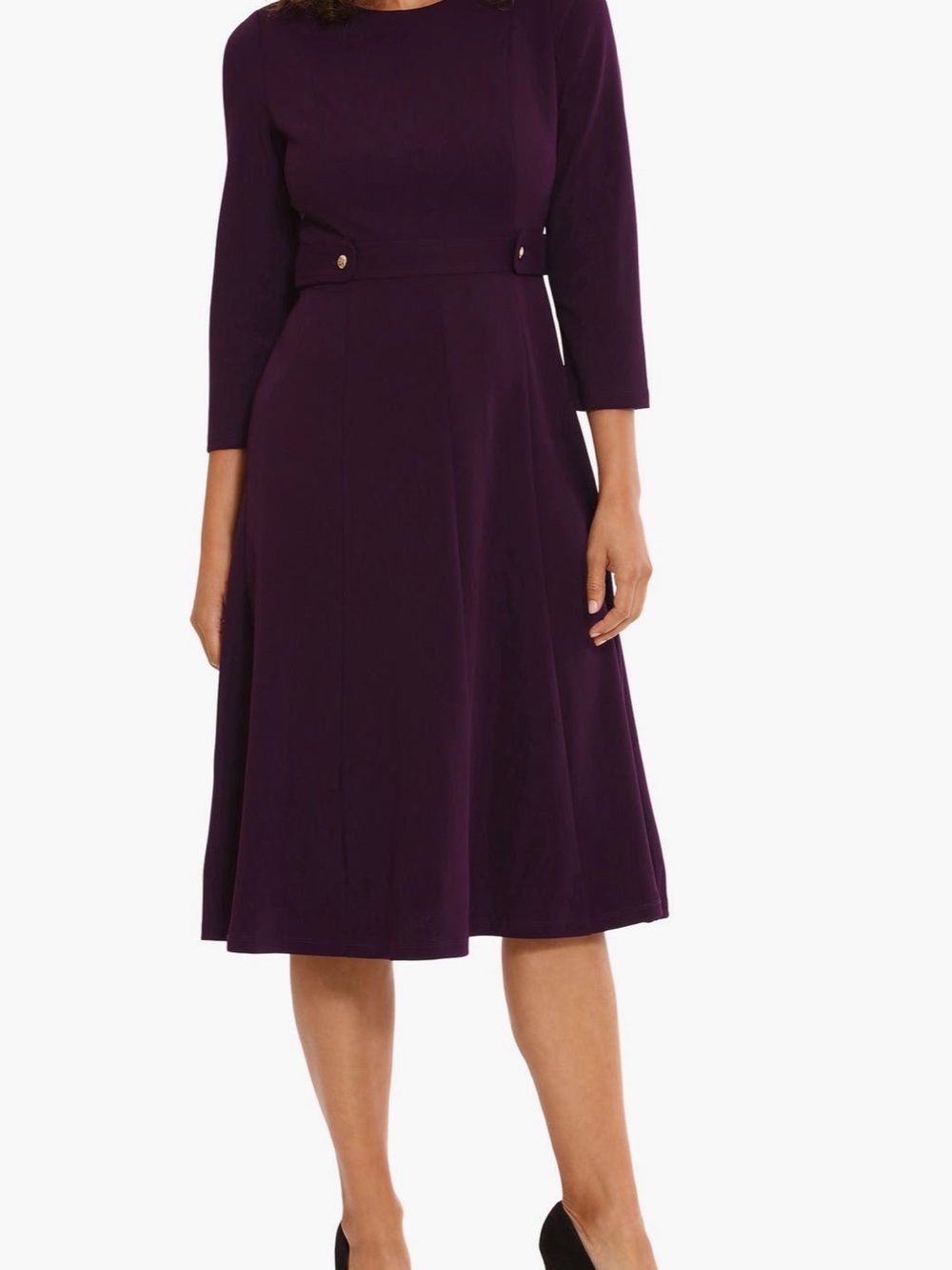 London Times Deep Plum Midi Dress with Waist Button Tabs